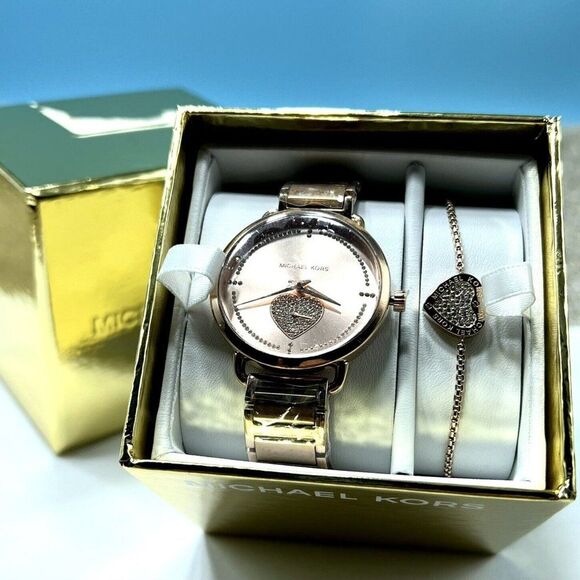 NEW Michael Kors Portia Rose Gold Pave Heart Watch Bracelet Set DIal MK4468 NIB main image 4